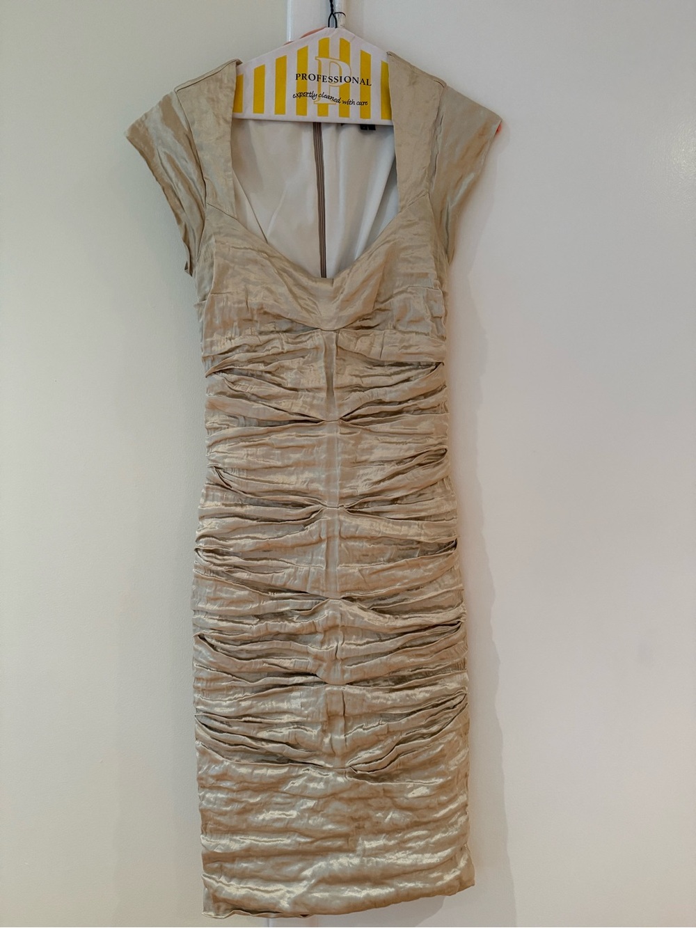 Nicole Miller Ruched Champagne-Gold Midi Dress